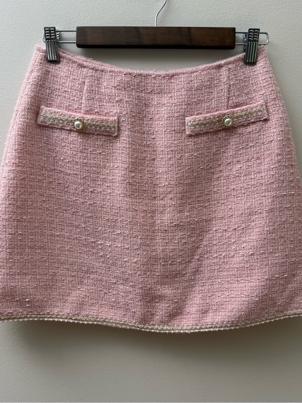 Alian Pink Tweed Mini Skort with Pearl-Button Flap Pockets